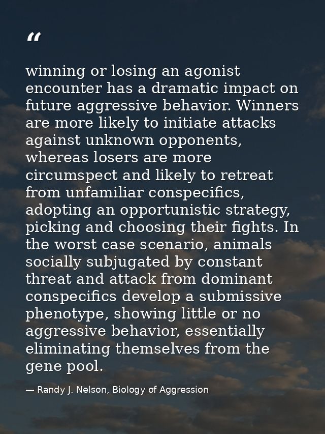 winning or losing an agonist encounter has a dramatic impact on future aggressive behavior. Winners are more likely to i — Randy J. Nelson, Biology of Aggression