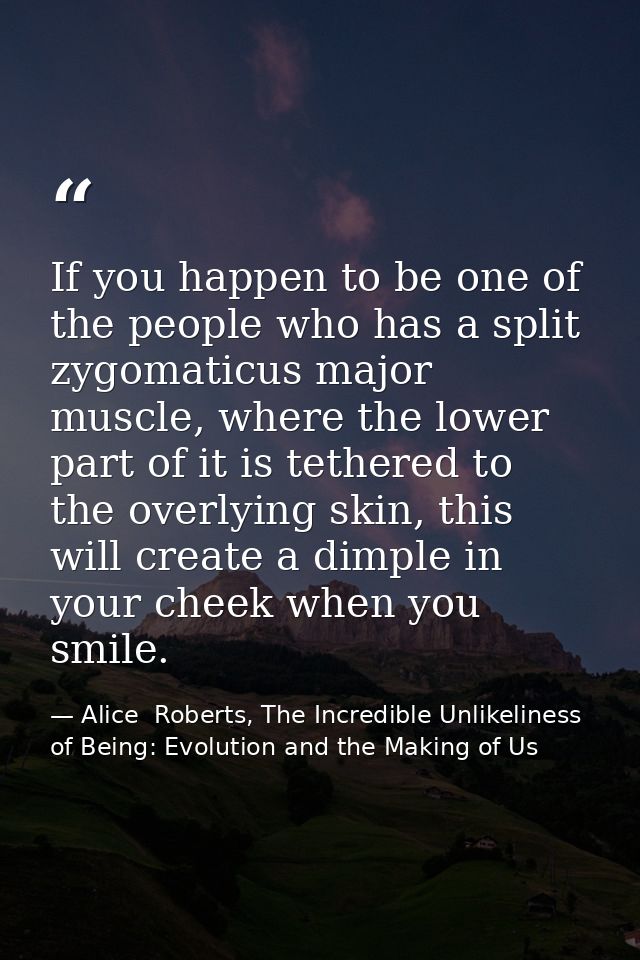 If you happen to be one of the people who has a split zygomaticus major muscle, where the lower part of it is tethered t — Alice  Roberts, The Incredible Unlikeliness of Being: Evolution and the Making of Us