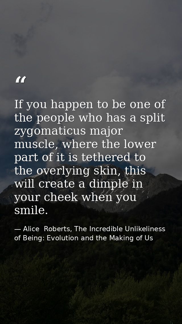 If you happen to be one of the people who has a split zygomaticus major muscle, where the lower part of it is tethered t — Alice  Roberts, The Incredible Unlikeliness of Being: Evolution and the Making of Us