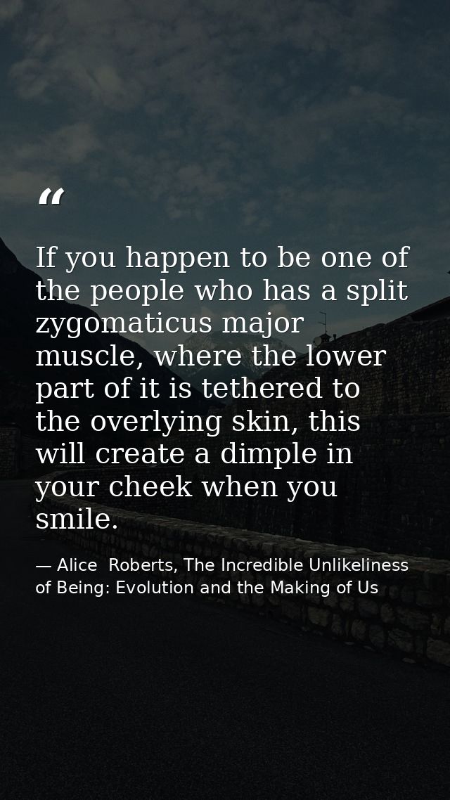 If you happen to be one of the people who has a split zygomaticus major muscle, where the lower part of it is tethered t — Alice  Roberts, The Incredible Unlikeliness of Being: Evolution and the Making of Us