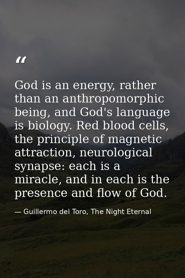 God is an energy, rather than an anthropomorphic being, and God's language is biology. Red blood cells, the principle of — Guillermo del Toro, The Night Eternal
