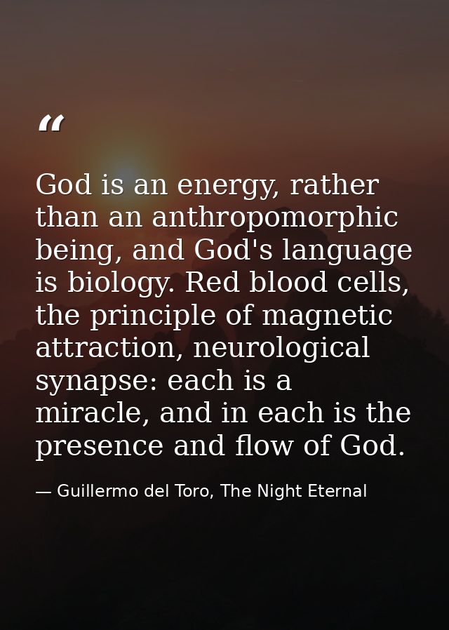 God is an energy, rather than an anthropomorphic being, and God's language is biology. Red blood cells, the principle of — Guillermo del Toro, The Night Eternal