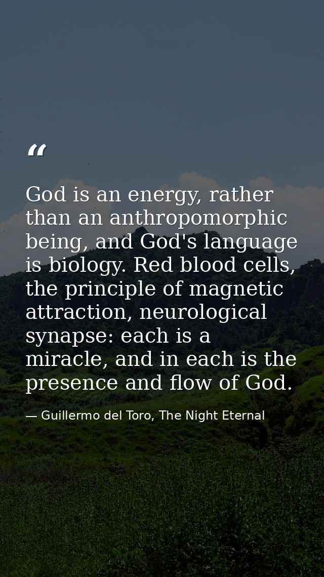 God is an energy, rather than an anthropomorphic being, and God's language is biology. Red blood cells, the principle of — Guillermo del Toro, The Night Eternal