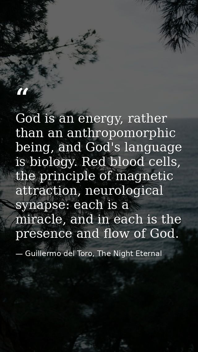 God is an energy, rather than an anthropomorphic being, and God's language is biology. Red blood cells, the principle of — Guillermo del Toro, The Night Eternal