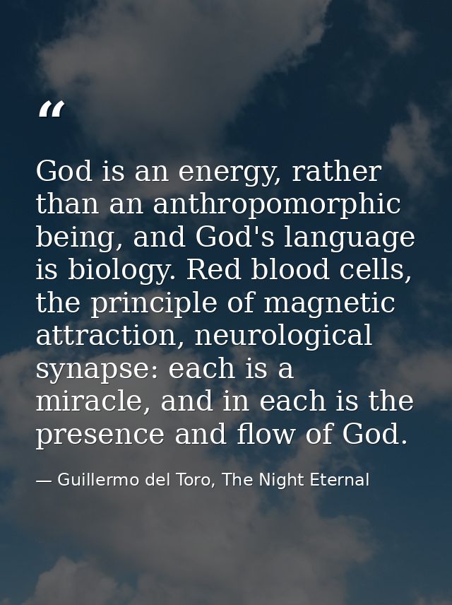 God is an energy, rather than an anthropomorphic being, and God's language is biology. Red blood cells, the principle of — Guillermo del Toro, The Night Eternal