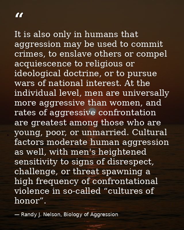 It is also only in humans that aggression may be used to commit crimes, to enslave others or compel acquiescence to reli — Randy J. Nelson, Biology of Aggression