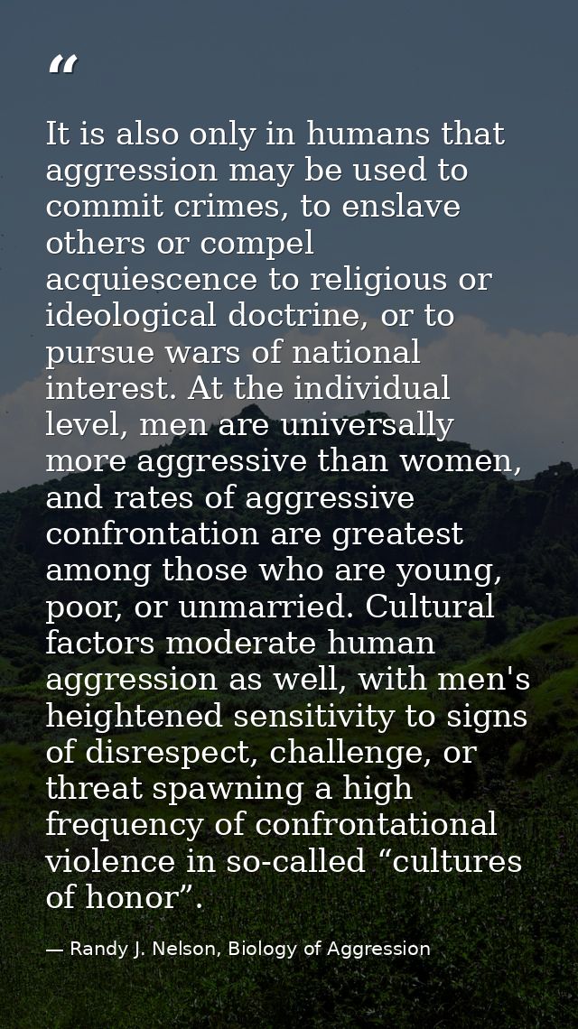 It is also only in humans that aggression may be used to commit crimes, to enslave others or compel acquiescence to reli — Randy J. Nelson, Biology of Aggression
