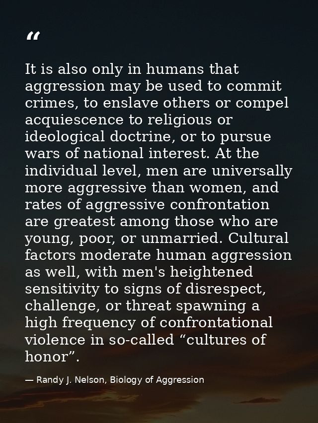 It is also only in humans that aggression may be used to commit crimes, to enslave others or compel acquiescence to reli — Randy J. Nelson, Biology of Aggression