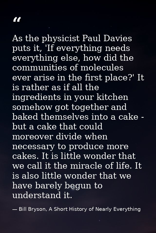 As the physicist Paul Davies puts it, 'If everything needs everything else, how did the communities of molecules ever ar — Bill Bryson, A Short History of Nearly Everything