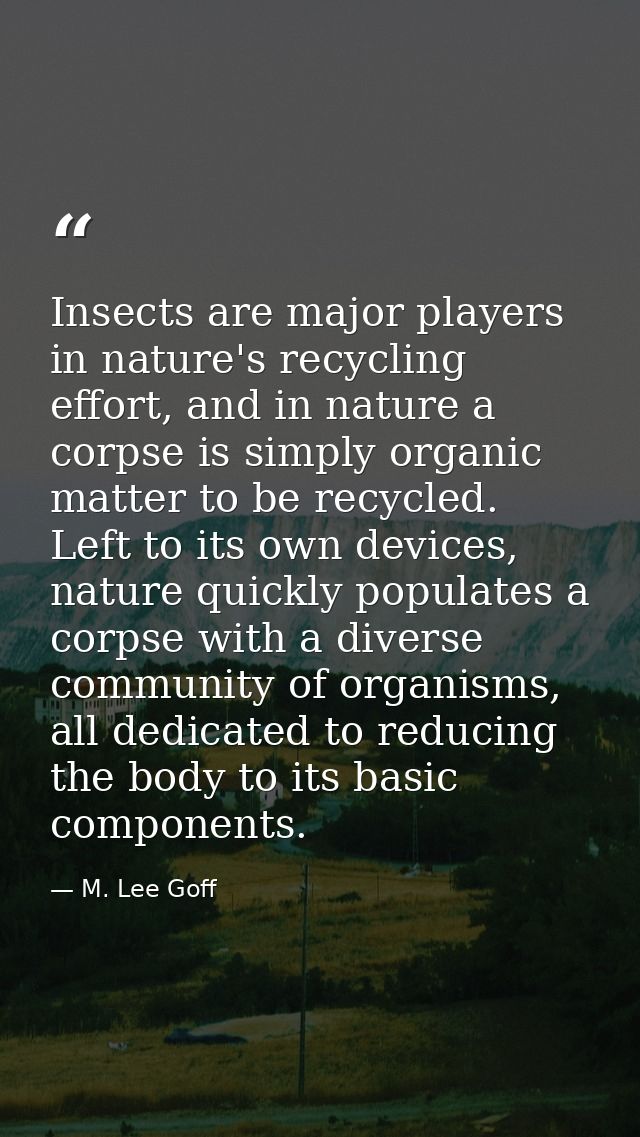 Insects are major players in nature's recycling effort, and in nature a corpse is simply organic matter to be recycled.  — M. Lee Goff