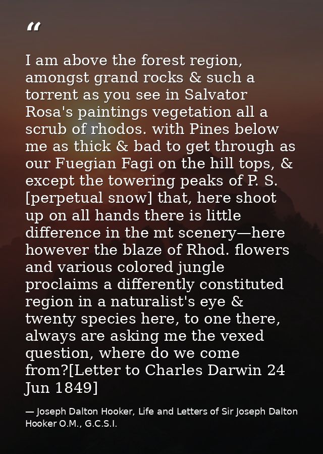 I am above the forest region, amongst grand rocks & such a torrent as you see in Salvator Rosa's paintings vegetation al — Joseph Dalton Hooker, Life and Letters of Sir Joseph Dalton Hooker O.M., G.C.S.I.