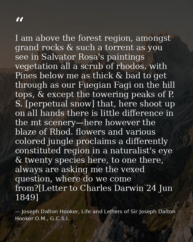 I am above the forest region, amongst grand rocks & such a torrent as you see in Salvator Rosa's paintings vegetation al — Joseph Dalton Hooker, Life and Letters of Sir Joseph Dalton Hooker O.M., G.C.S.I.