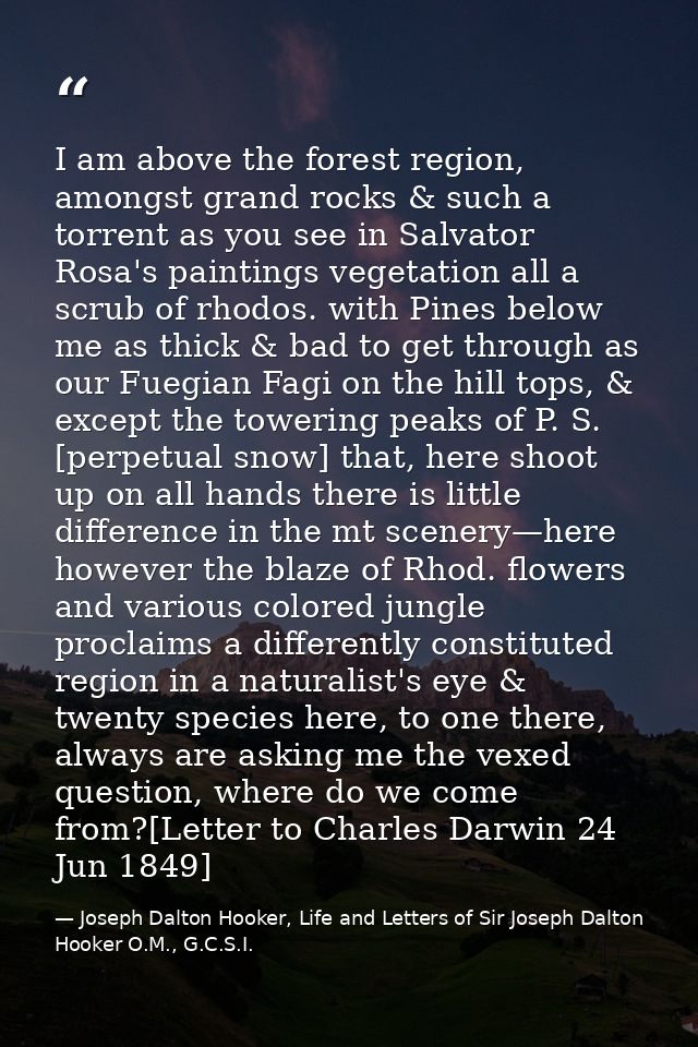 I am above the forest region, amongst grand rocks & such a torrent as you see in Salvator Rosa's paintings vegetation al — Joseph Dalton Hooker, Life and Letters of Sir Joseph Dalton Hooker O.M., G.C.S.I.