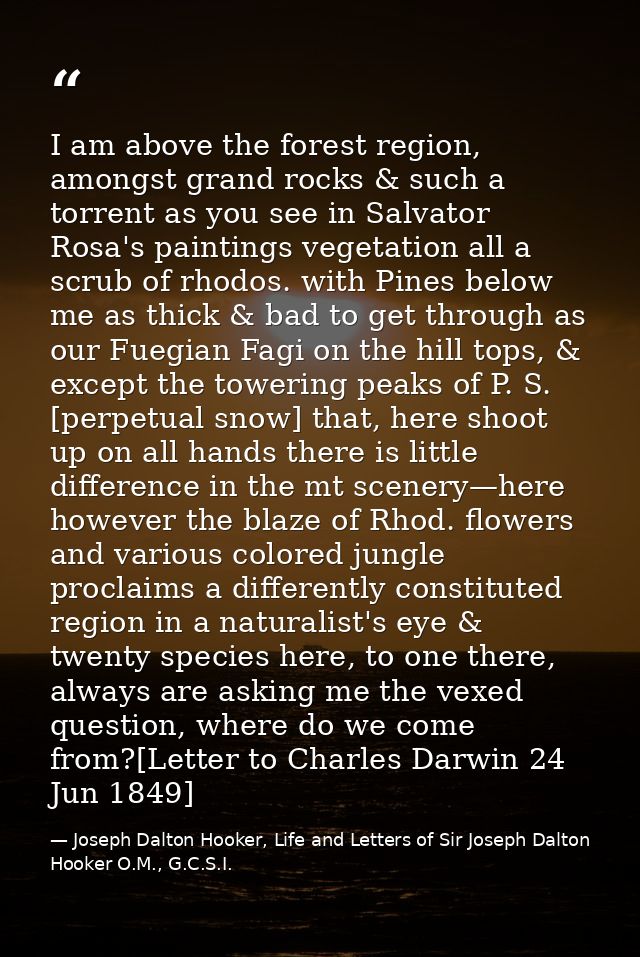I am above the forest region, amongst grand rocks & such a torrent as you see in Salvator Rosa's paintings vegetation al — Joseph Dalton Hooker, Life and Letters of Sir Joseph Dalton Hooker O.M., G.C.S.I.
