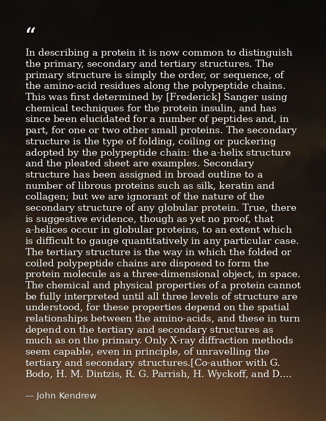 In describing a protein it is now common to distinguish the primary, secondary and tertiary structures. The primary stru — John Kendrew