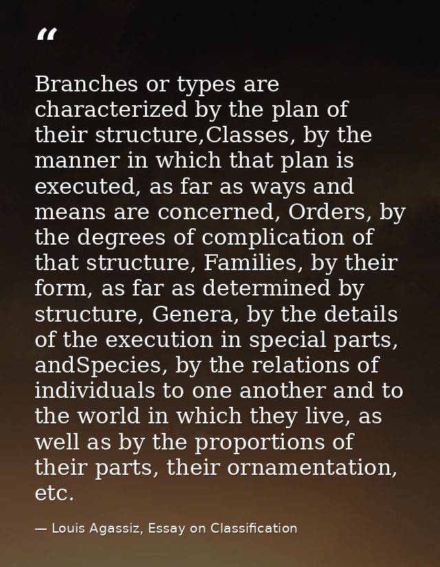 Branches or types are characterized by the plan of their structure,Classes, by the manner in which that plan is executed — Louis Agassiz, Essay on Classification