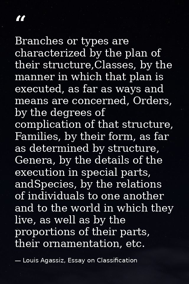 Branches or types are characterized by the plan of their structure,Classes, by the manner in which that plan is executed — Louis Agassiz, Essay on Classification