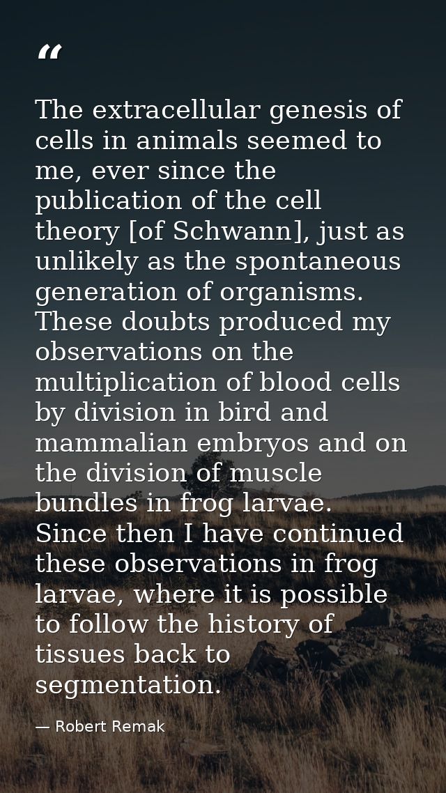The extracellular genesis of cells in animals seemed to me, ever since the publication of the cell theory [of Schwann],  — Robert Remak