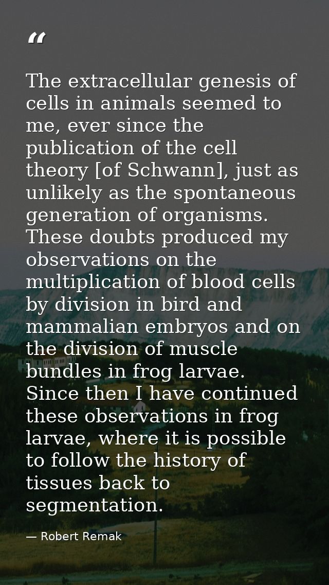 The extracellular genesis of cells in animals seemed to me, ever since the publication of the cell theory [of Schwann],  — Robert Remak