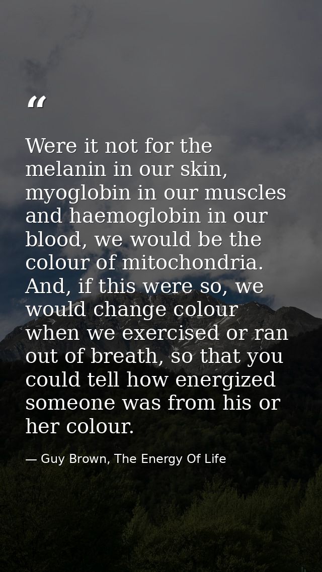 Were it not for the melanin in our skin, myoglobin in our muscles and haemoglobin in our blood, we would be the colour o — Guy Brown, The Energy Of Life