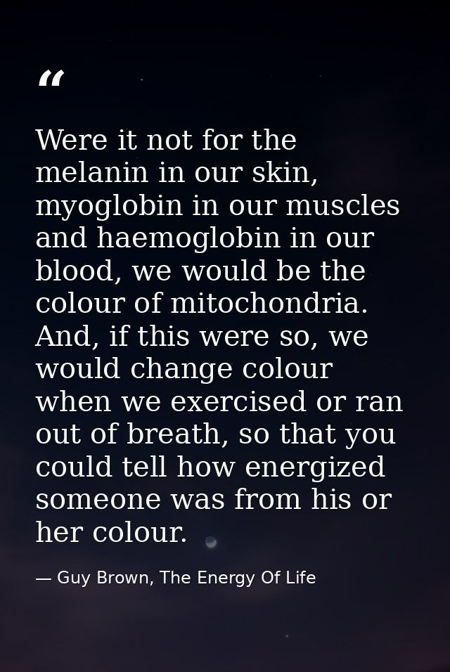 Were it not for the melanin in our skin, myoglobin in our muscles and haemoglobin in our blood, we would be the colour o — Guy Brown, The Energy Of Life
