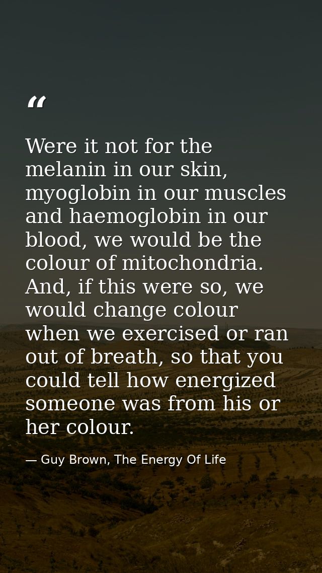 Were it not for the melanin in our skin, myoglobin in our muscles and haemoglobin in our blood, we would be the colour o — Guy Brown, The Energy Of Life