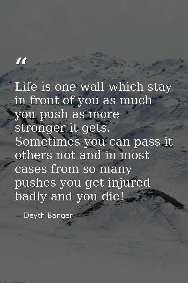 Life is one wall which stay in front of you as much you push as more stronger it gets. Sometimes you can pass it others  — Deyth Banger