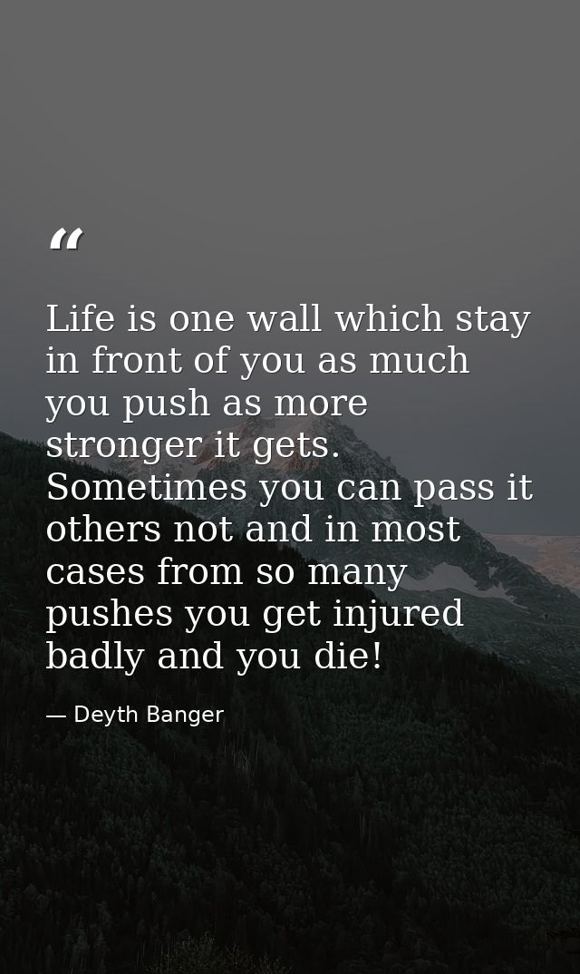 Life is one wall which stay in front of you as much you push as more stronger it gets. Sometimes you can pass it others  — Deyth Banger