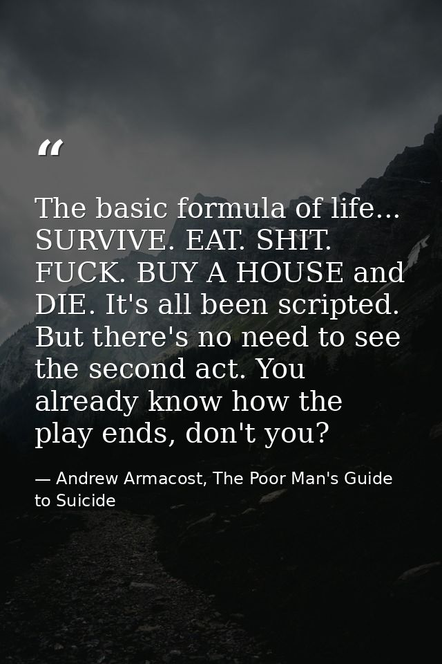 The basic formula of life... SURVIVE. EAT. SHIT. FUCK. BUY A HOUSE and DIE. It's all been scripted. But there's no need  — Andrew Armacost, The Poor Man's Guide to Suicide