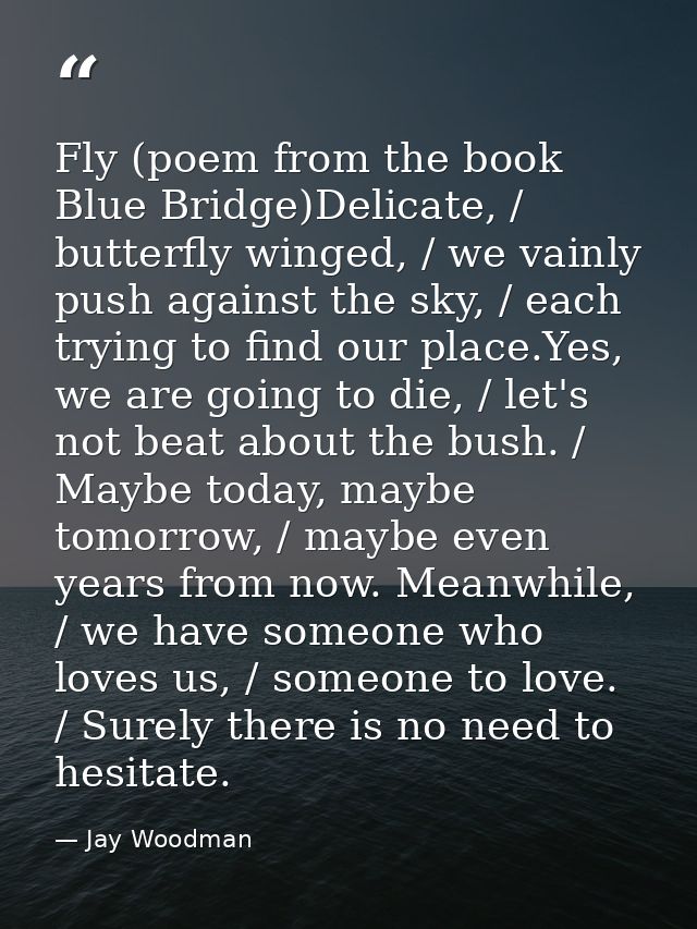 Fly (poem from the book Blue Bridge)Delicate, / butterfly winged, / we vainly push against the sky, / each trying to fin — Jay Woodman