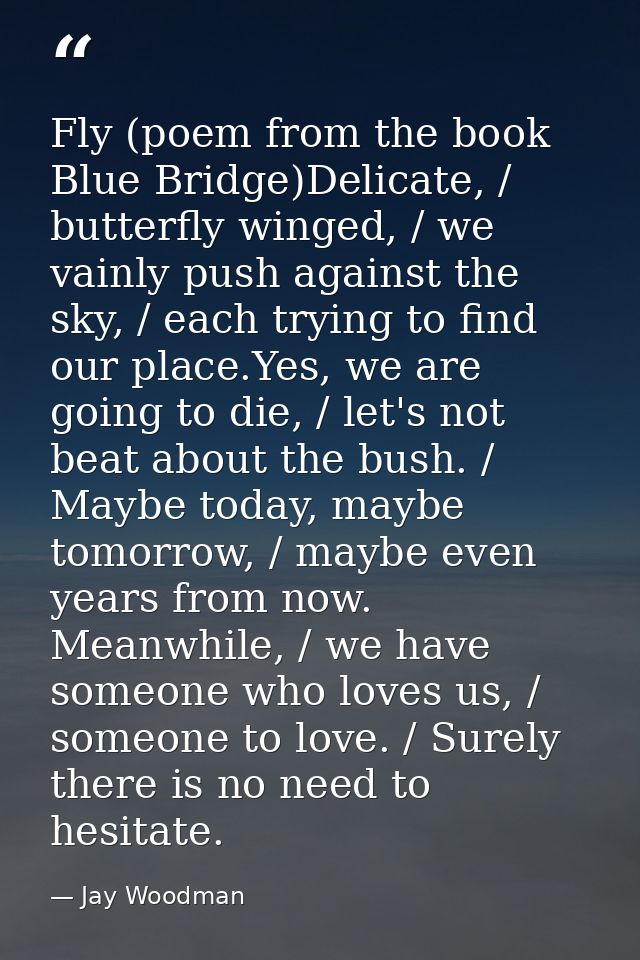Fly (poem from the book Blue Bridge)Delicate, / butterfly winged, / we vainly push against the sky, / each trying to fin — Jay Woodman