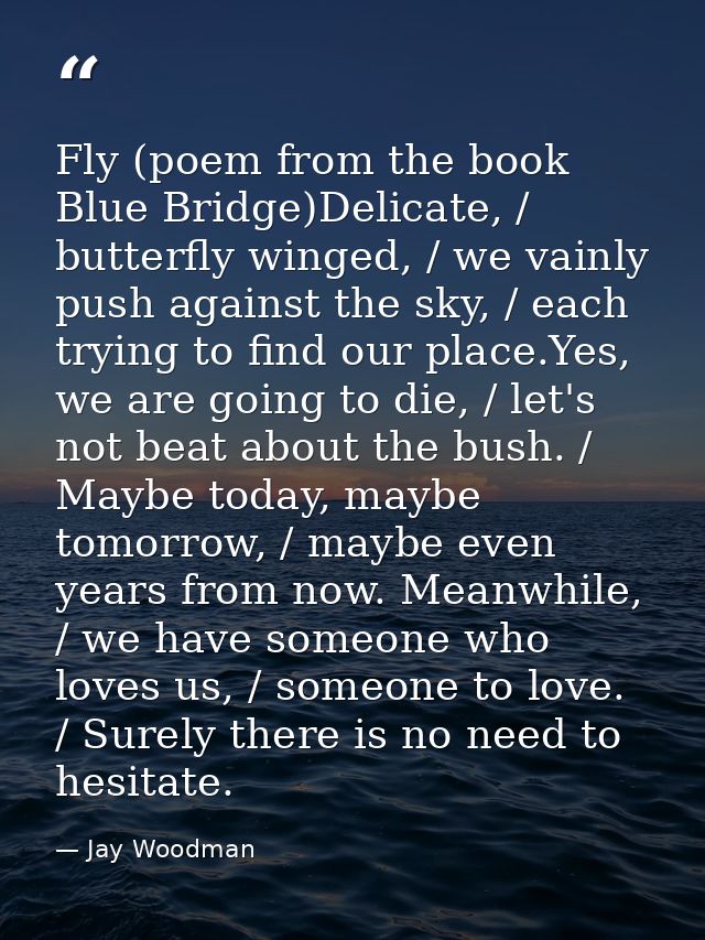 Fly (poem from the book Blue Bridge)Delicate, / butterfly winged, / we vainly push against the sky, / each trying to fin — Jay Woodman