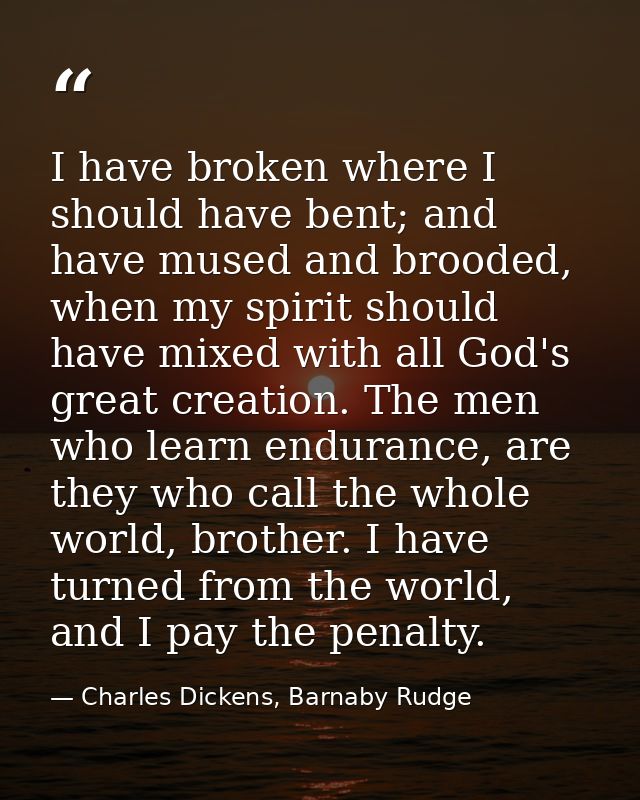 I have broken where I should have bent; and have mused and brooded, when my spirit should have mixed with all God's grea — Charles Dickens, Barnaby Rudge