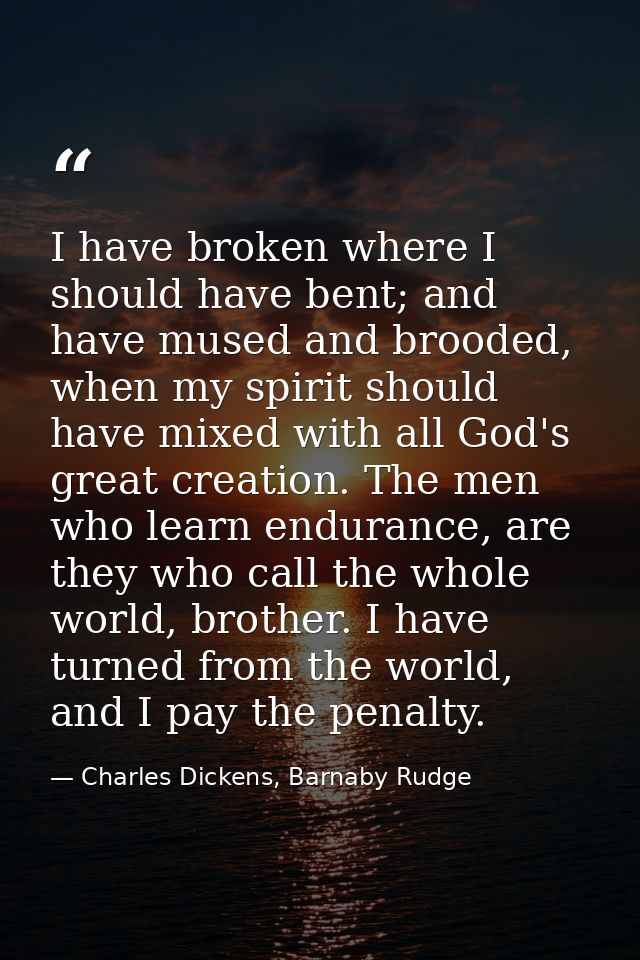I have broken where I should have bent; and have mused and brooded, when my spirit should have mixed with all God's grea — Charles Dickens, Barnaby Rudge