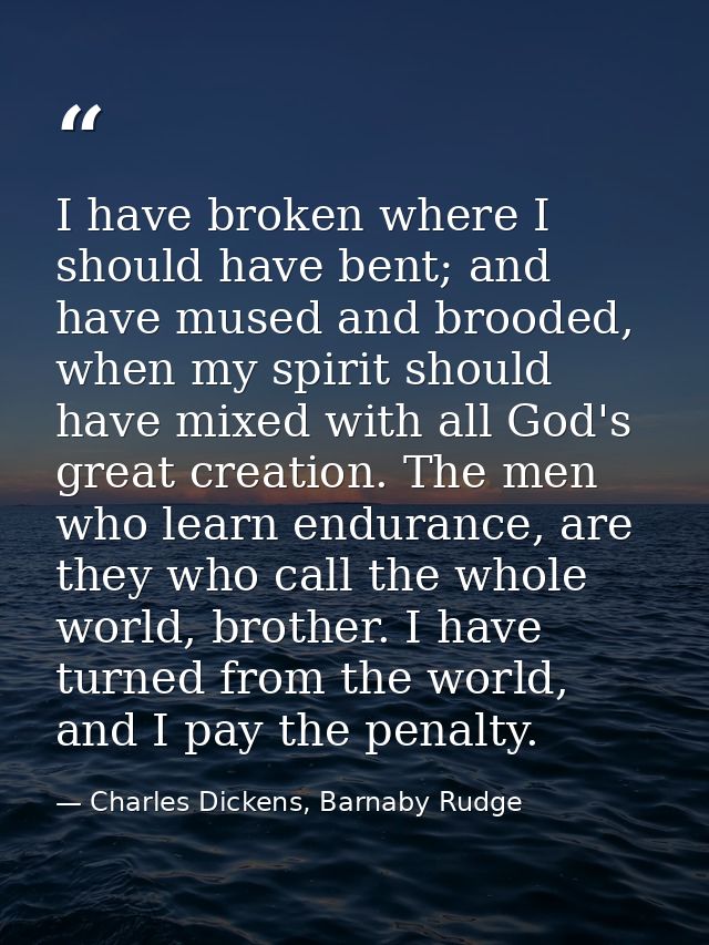 I have broken where I should have bent; and have mused and brooded, when my spirit should have mixed with all God's grea — Charles Dickens, Barnaby Rudge
