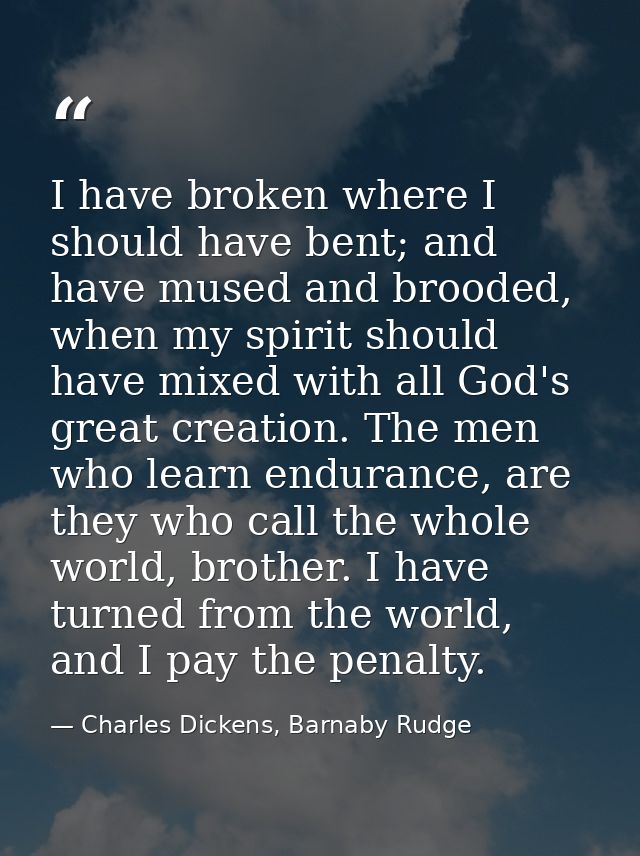 I have broken where I should have bent; and have mused and brooded, when my spirit should have mixed with all God's grea — Charles Dickens, Barnaby Rudge