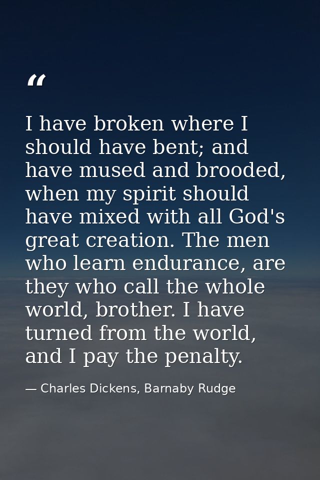 I have broken where I should have bent; and have mused and brooded, when my spirit should have mixed with all God's grea — Charles Dickens, Barnaby Rudge
