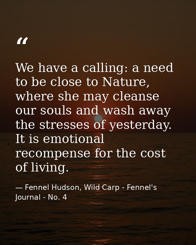 We have a calling: a need to be close to Nature, where she may cleanse our souls and wash away the stresses of yesterday — Fennel Hudson, Wild Carp - Fennel's Journal - No. 4