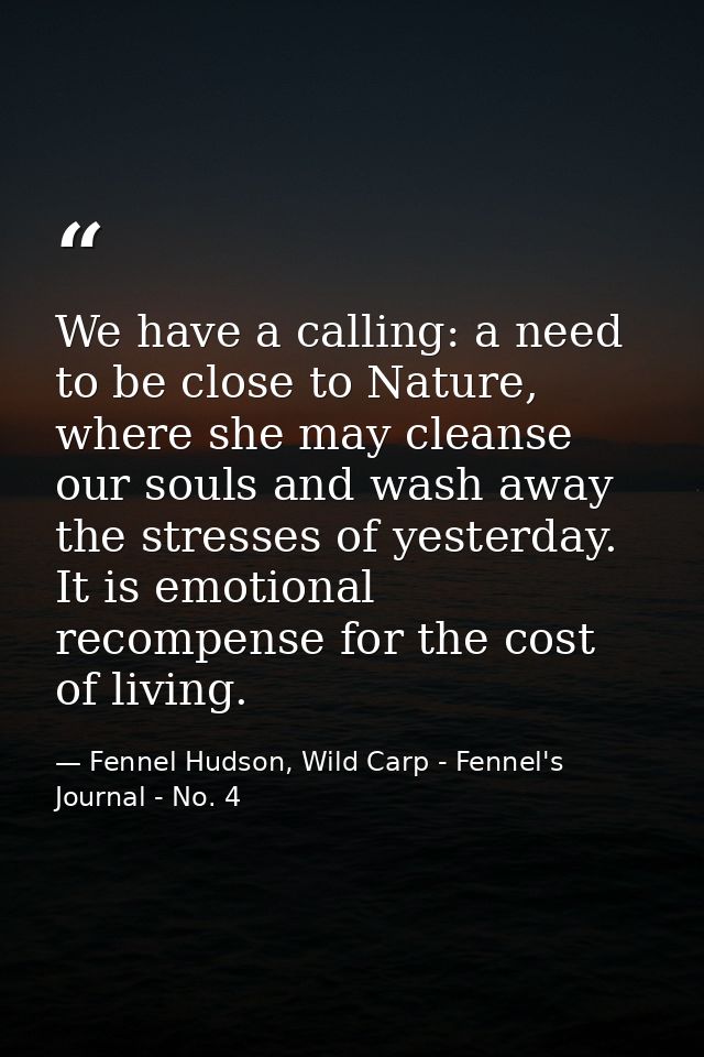 We have a calling: a need to be close to Nature, where she may cleanse our souls and wash away the stresses of yesterday — Fennel Hudson, Wild Carp - Fennel's Journal - No. 4