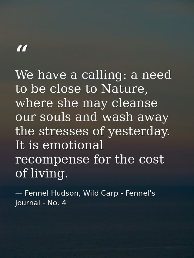 We have a calling: a need to be close to Nature, where she may cleanse our souls and wash away the stresses of yesterday — Fennel Hudson, Wild Carp - Fennel's Journal - No. 4