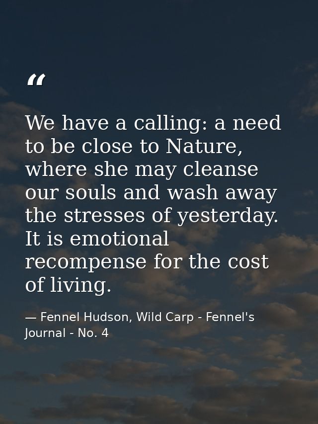 We have a calling: a need to be close to Nature, where she may cleanse our souls and wash away the stresses of yesterday — Fennel Hudson, Wild Carp - Fennel's Journal - No. 4