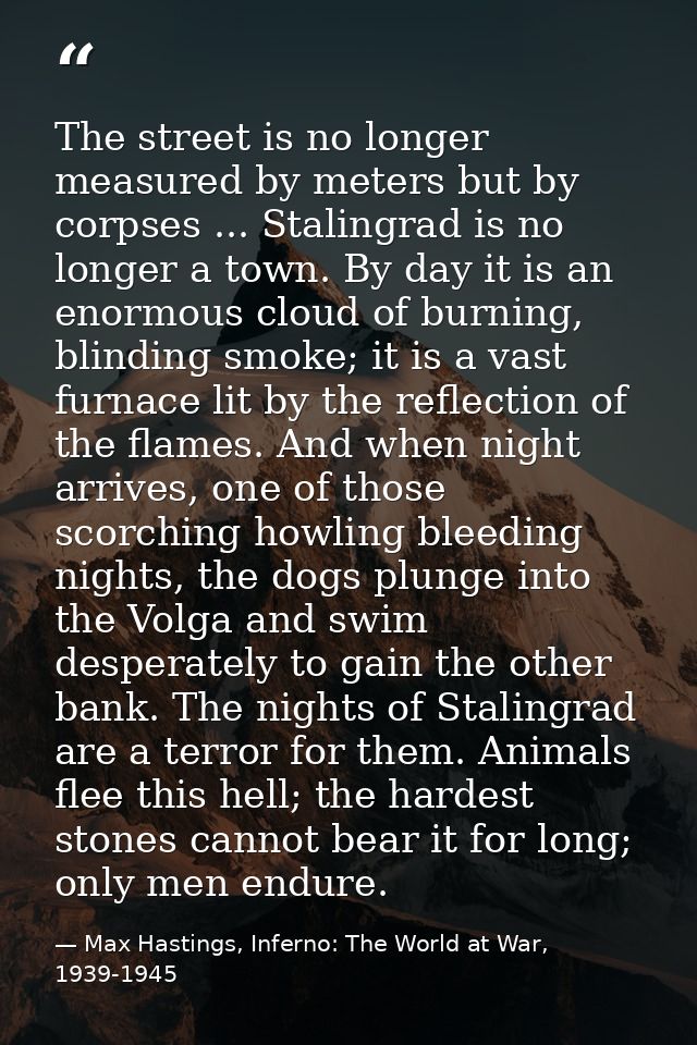 The street is no longer measured by meters but by corpses ... Stalingrad is no longer a town. By day it is an enormous c — Max Hastings, Inferno: The World at War, 1939-1945