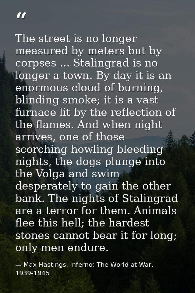 The street is no longer measured by meters but by corpses ... Stalingrad is no longer a town. By day it is an enormous c — Max Hastings, Inferno: The World at War, 1939-1945