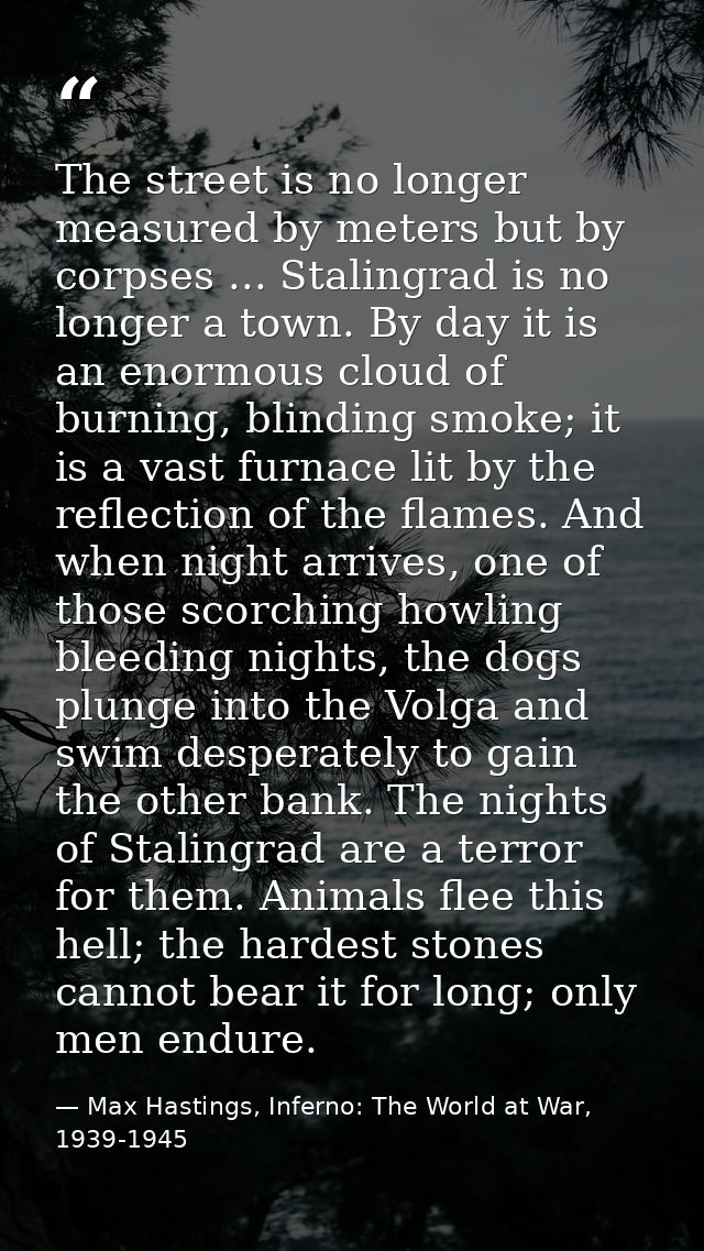 The street is no longer measured by meters but by corpses ... Stalingrad is no longer a town. By day it is an enormous c — Max Hastings, Inferno: The World at War, 1939-1945