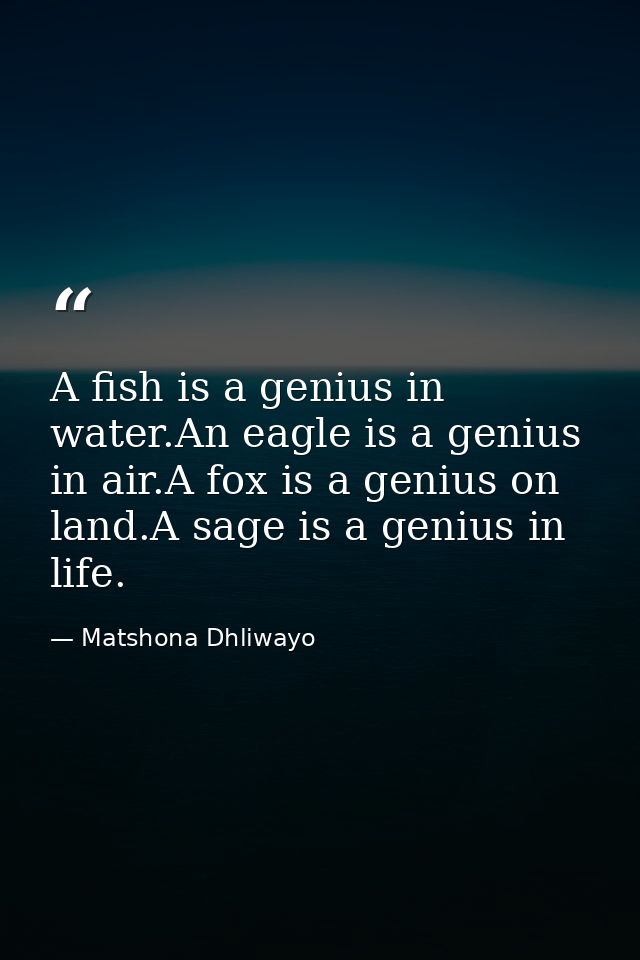 A fish is a genius in water.An eagle is a genius in air.A fox is a genius on land.A sage is a genius in life. — Matshona Dhliwayo