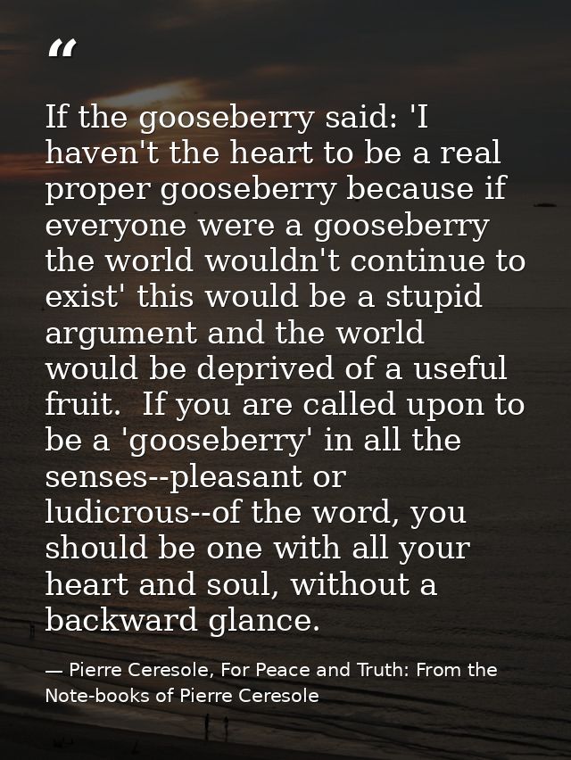 If the gooseberry said: 'I haven't the heart to be a real proper gooseberry because if everyone were a gooseberry the wo — Pierre Ceresole, For Peace and Truth: From the Note-books of Pierre Ceresole