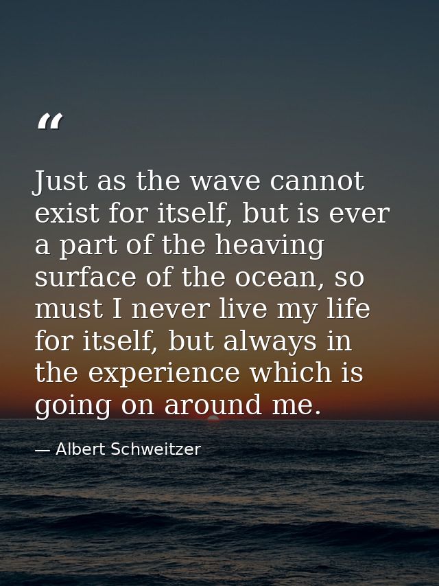 Just as the wave cannot exist for itself, but is ever a part of the heaving surface of the ocean, so must I never live m — Albert Schweitzer
