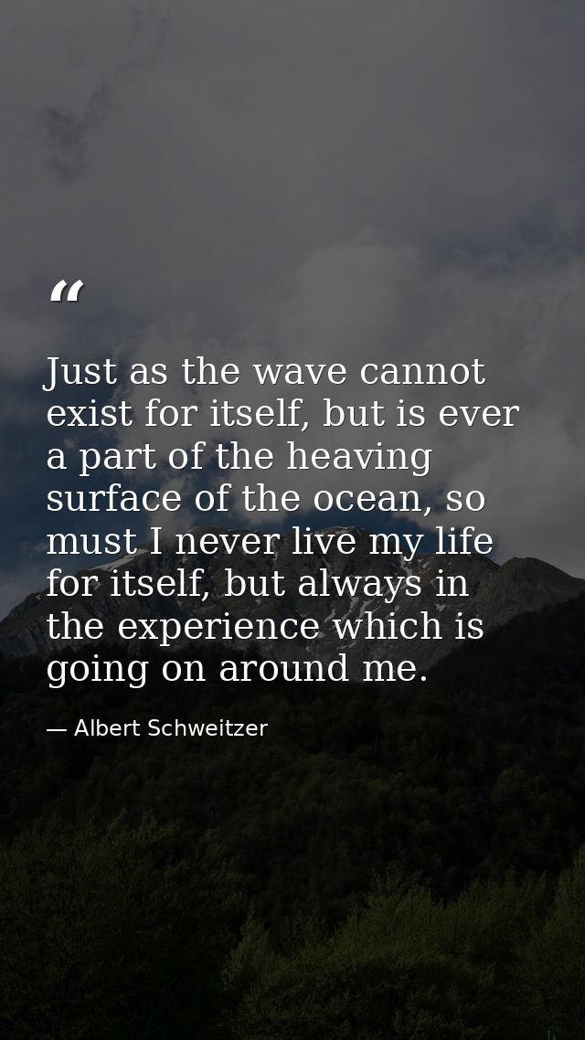 Just as the wave cannot exist for itself, but is ever a part of the heaving surface of the ocean, so must I never live m — Albert Schweitzer