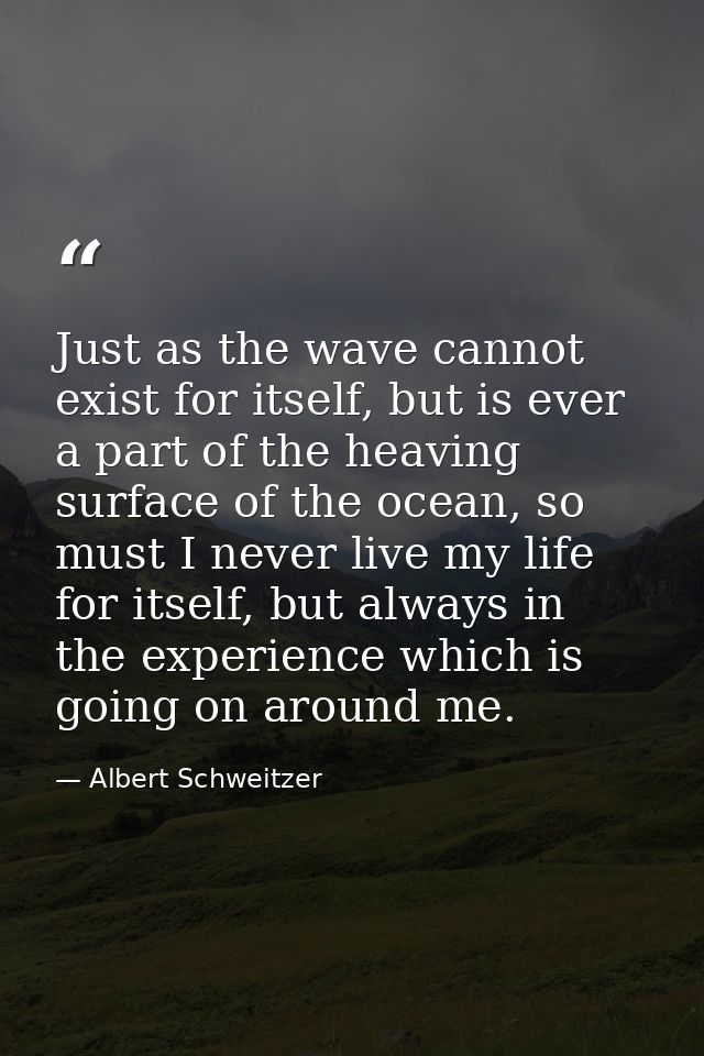 Just as the wave cannot exist for itself, but is ever a part of the heaving surface of the ocean, so must I never live m — Albert Schweitzer