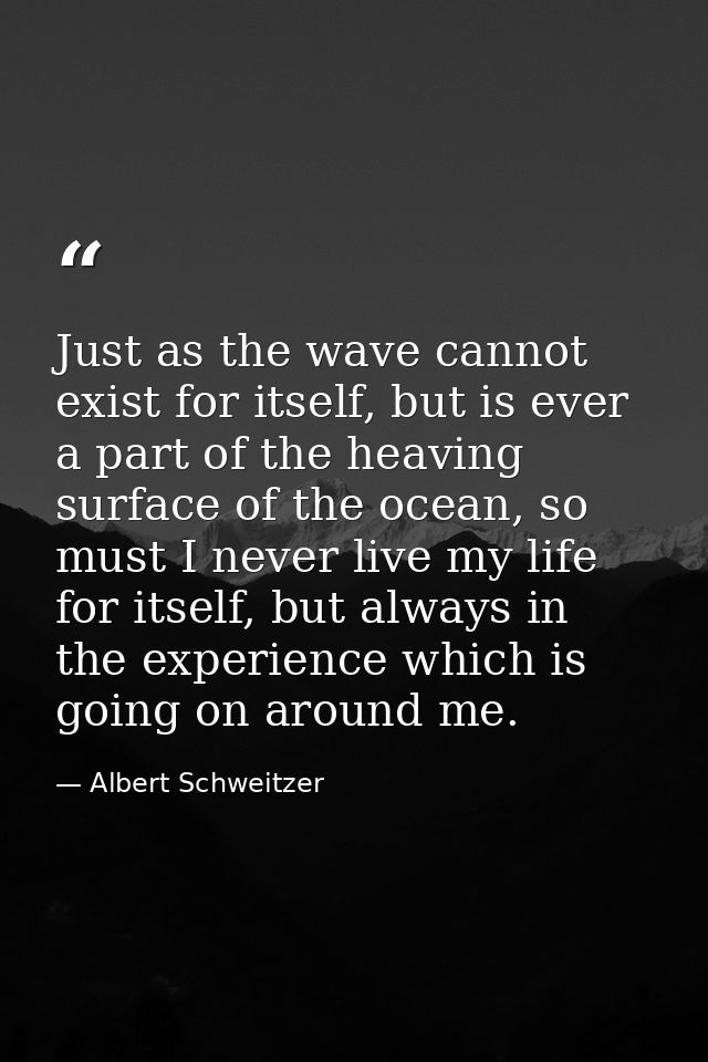 Just as the wave cannot exist for itself, but is ever a part of the heaving surface of the ocean, so must I never live m — Albert Schweitzer